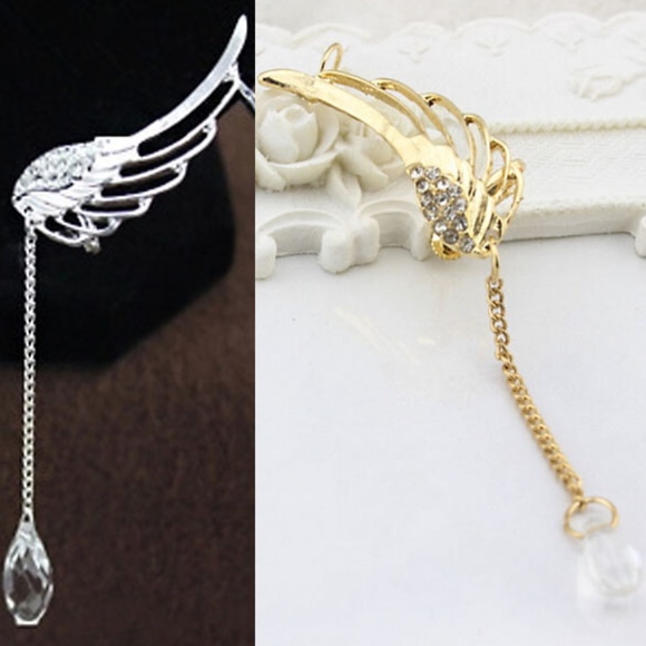 Angel Wing Silver Ear Cuff Tassel Chain Ear Clip - Picture 2 of 7